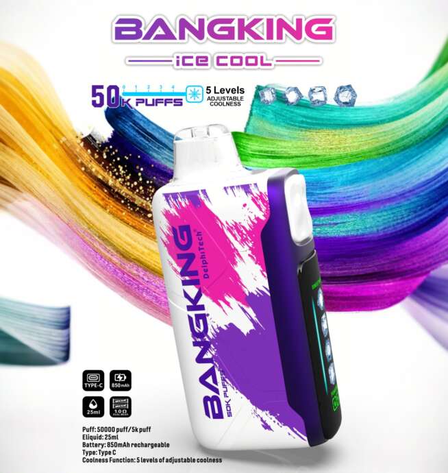A white and purple BANGKING “Ice Cool” vape device with pink brushstroke graphics and a side display, shown against vibrant rainbow paint swirls and labeled with “50K puffs” and “5 levels adjustable coolness.”