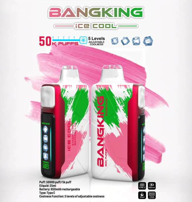 Two Bangking Ice Cool disposable vape devices, shown front and back with white bodies and bold pink and green paint-swipe graphics, red side panels with a digital indicator displaying five ice icons, and product text highlighting 50K puffs and five levels of adjustable coolness.