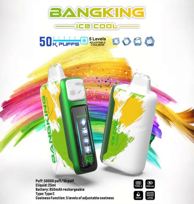 Two green-and-white Bangking Ice Cool vape devices with a vertical digital display and ice icons set against a colorful paint-stroke background, accompanied by promotional text noting 50,000 puffs, five adjustable coolness levels, 25ml e-liquid and an 850mAh rechargeable battery.
