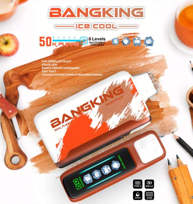 Advertisement showing two Bangking Ice Cool vape devices — a white-and-orange paint‑splattered pod and a brown handheld with a digital screen displaying ice-cube icons and '50K puffs' branding — staged on a wooden board with apples, pencils and a cup of tea, highlighting 5-level adjustable coolness and Type-C rechargeable features.