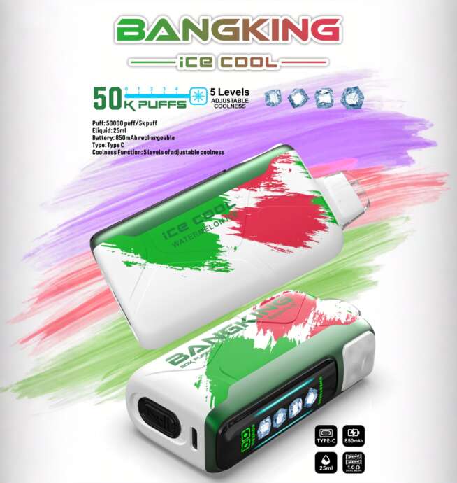 Promotional image of two BangKing Ice Cool rechargeable vape devices with green-and-red paint-splash designs and a small digital display, set against colorful brushstroke background and advertising 50,000 puffs, 25 ml e-liquid, 850 mAh battery, Type-C charging and five levels of adjustable coolness (watermelon ice flavor).