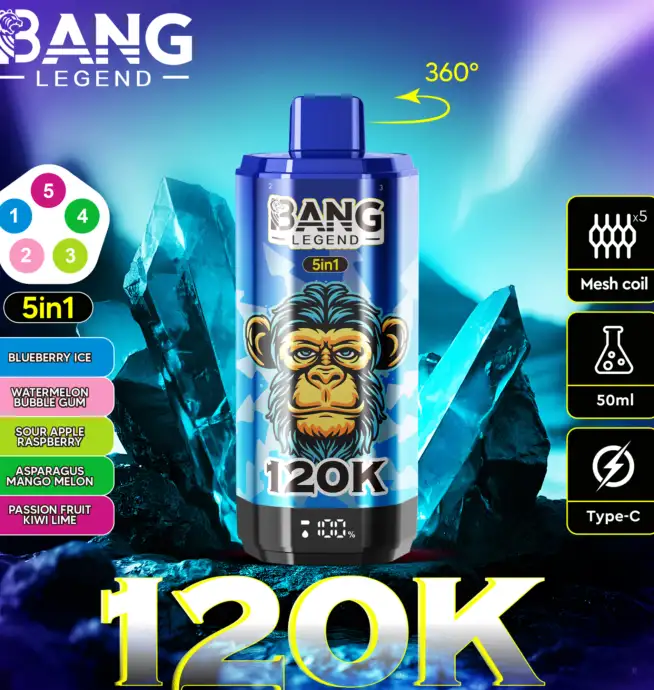 Bang Legend 120000 120K Puffs 5 in 1 Flavors Newest Original Rechargeable  LCD Display Disposable Vape