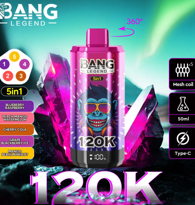 A glossy magenta Bang Legend 5‑in‑1 disposable vape device featuring a stylized blue monkey in sunglasses and '120K' on the body, set against glowing pink crystals with icons indicating five flavors, mesh coil, 50ml capacity, Type‑C charging and a 360° rotation arrow.
