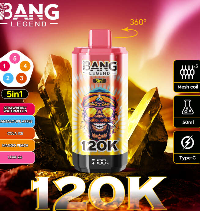 Colorful promotional image of a pink and gold Bang Legend 5-in-1 disposable vape canister labeled 120K with flavor labels (strawberry watermelon, cantaloupe apple, cola ice, mango peach, Love 66), icons for mesh coil, 50ml and Type-C charging, a 360° arrow detail and glowing crystal background.