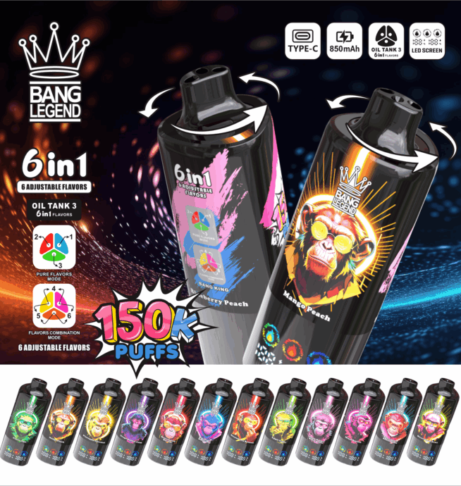 Bang Legend 150000 150K Puffs 6 en 1 Saveurs Le plus récent écran LED  rechargeable original Vape jetable