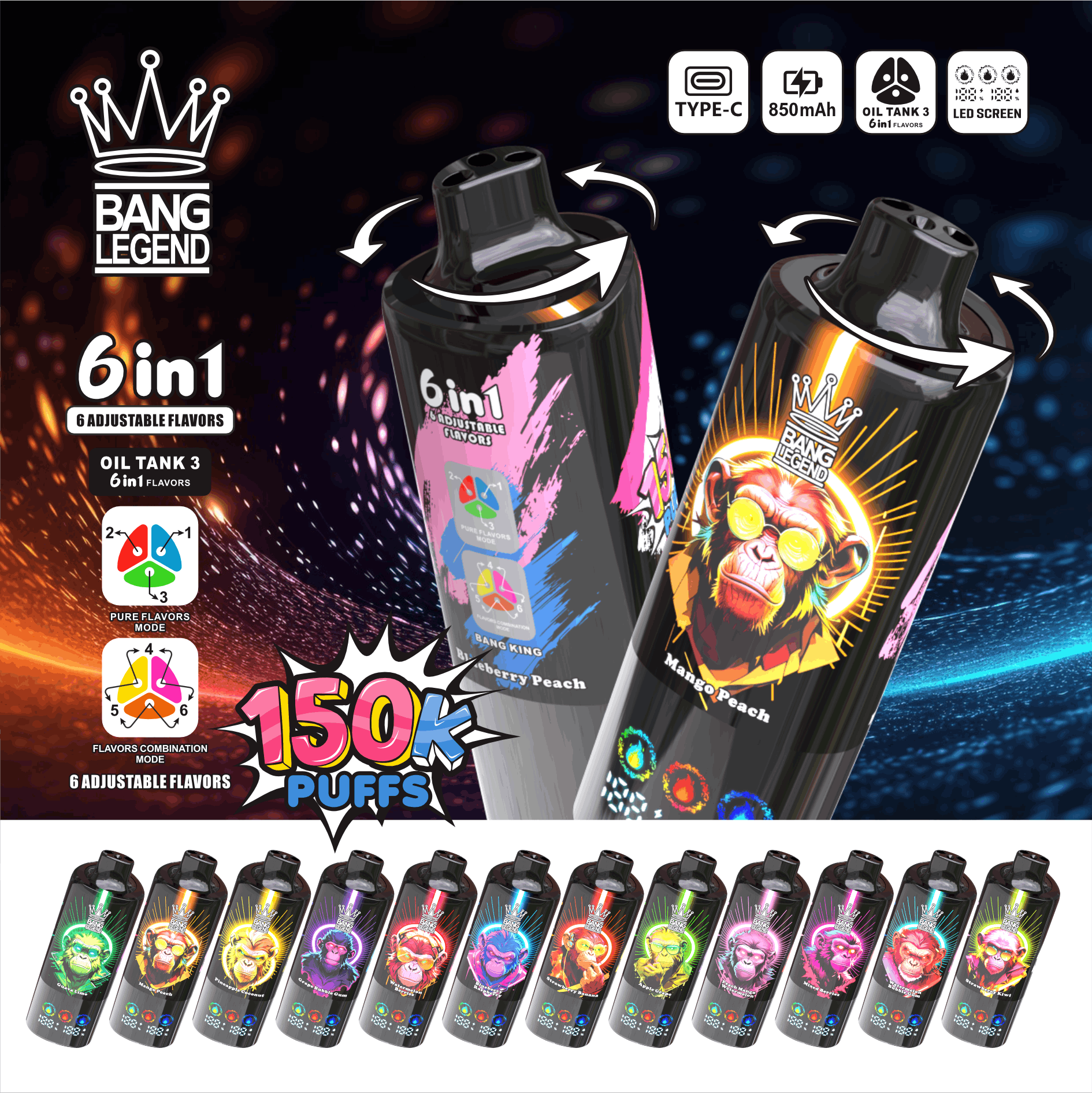 Bang Legend 150000 150K Puffs 6 in 1 Flavors Vape