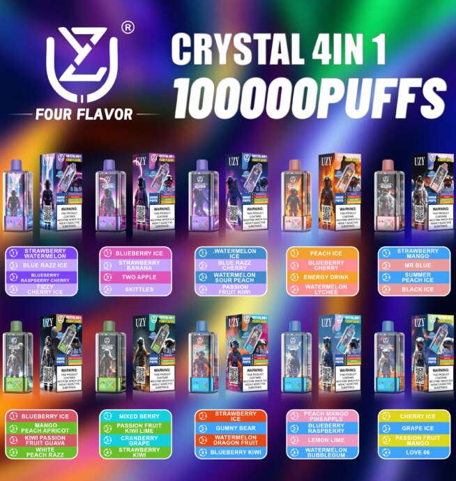 UZY Four Flavors 100000 100K Puffs Crystal 4 In 1 Flavors Newest Original  Rechargeable LED Display Disposable Vape