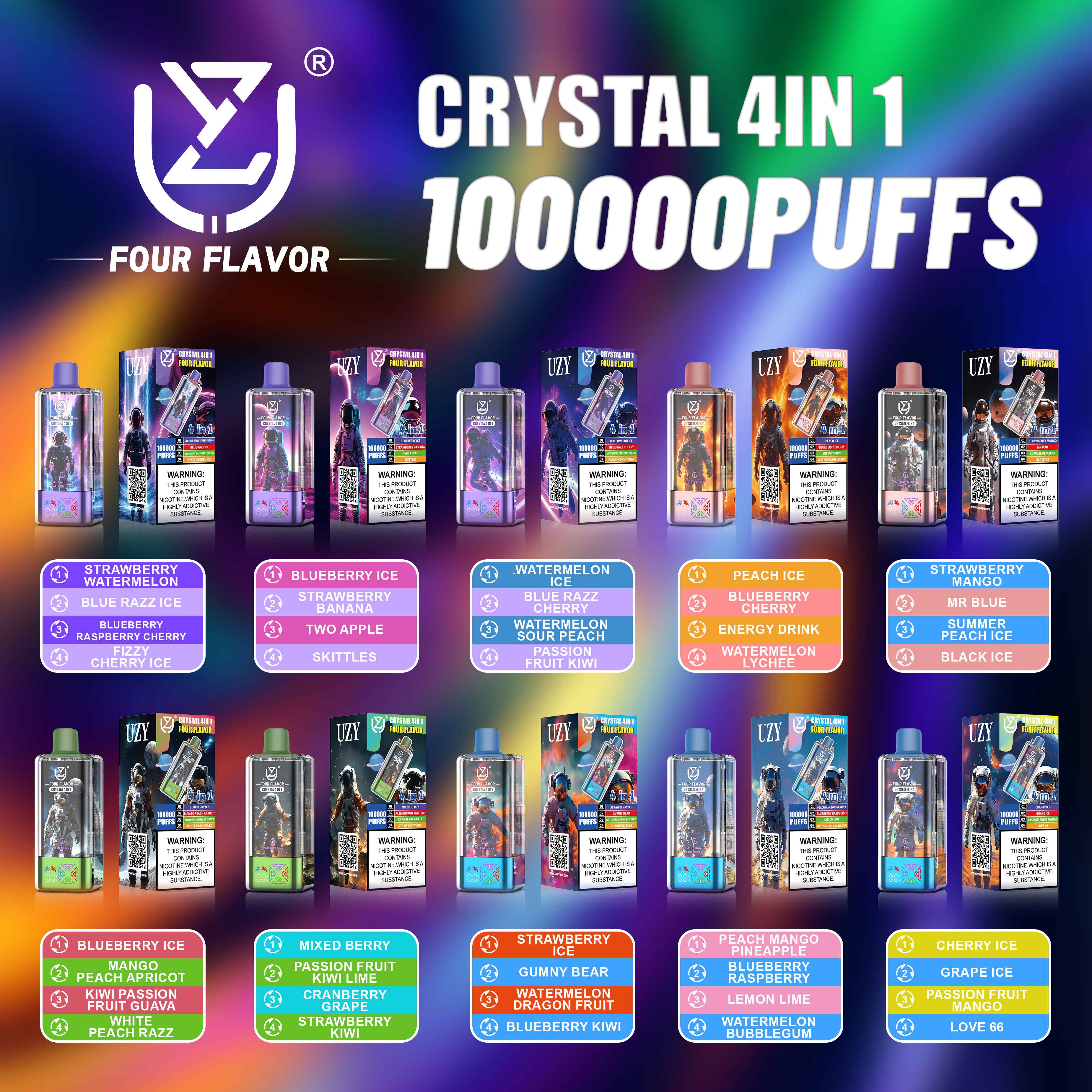Uzy cuatro sabores 100000 100k puffs cristal 4 en 1 sabores más nuevos originales pantalla LED recargable vape desechable