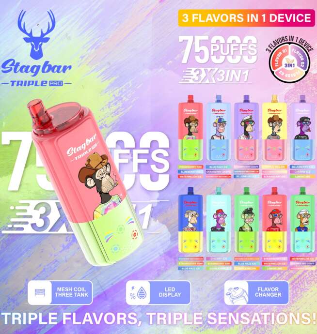 Stagbar Triple Pro 75000 75K Puffs 3 IN 1 Flavors&LED Display Disposable  Vape - 24H VAPE