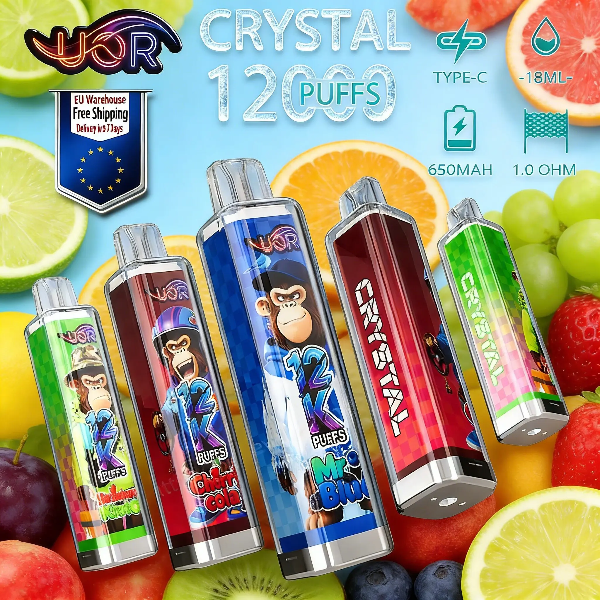 UOR Crystal 12000 12K Puffs Puffs Vape jetable rechargeable Entrepôt de  l'UE