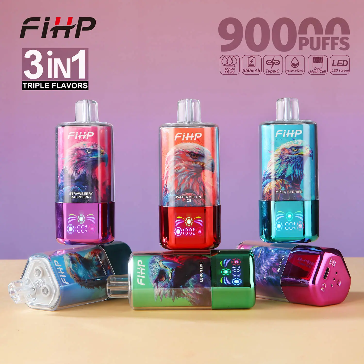 FIHP 90000 90K Puffs 3 in 1 Triple Flavors&LED Screen Original Rechargeable Disposable  Vape