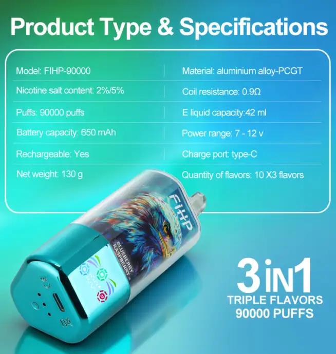 FIHP 90000 90K Puffs 3 in 1 Triple Flavors&LED Screen Original Rechargeable  Disposable Vape