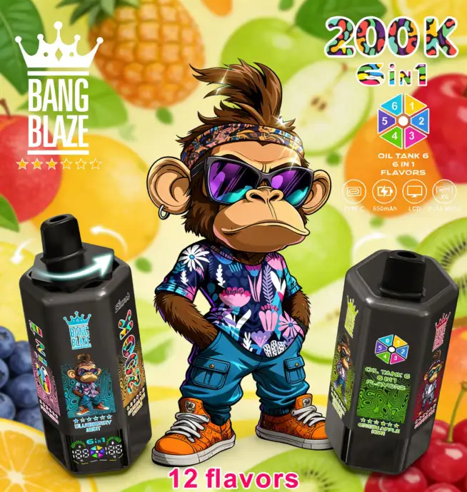 Bang Blaze 200000 200K Puffs 6 in 1 Flavors & 6 oil tanks Rechargeable LCD  Display Disposable Vape