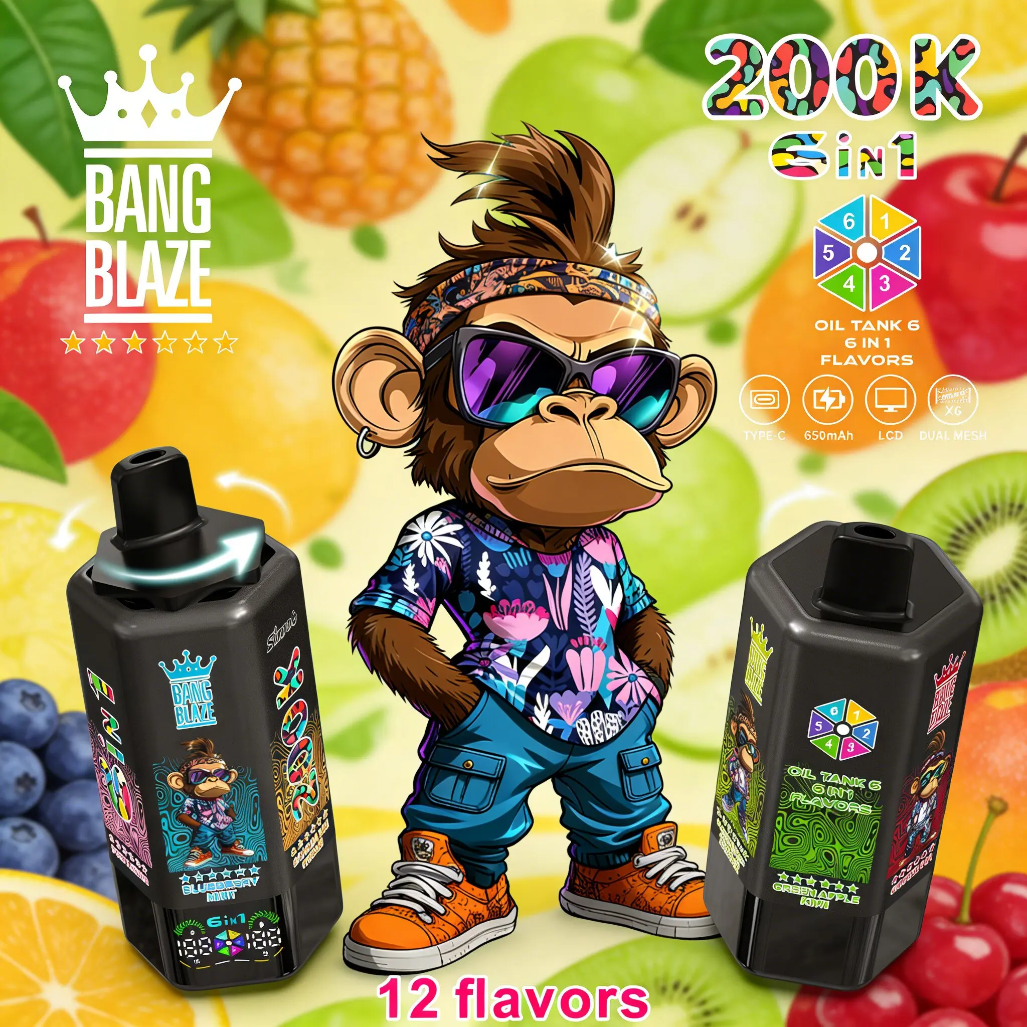 Bang Blaze 200.000 200.000 Puffs, 6-in-1-Geschmacksrichtungen und 6  Öltanks, wiederaufladbares LCD-Display, Einweg-Vape – 24-Stunden-Vape