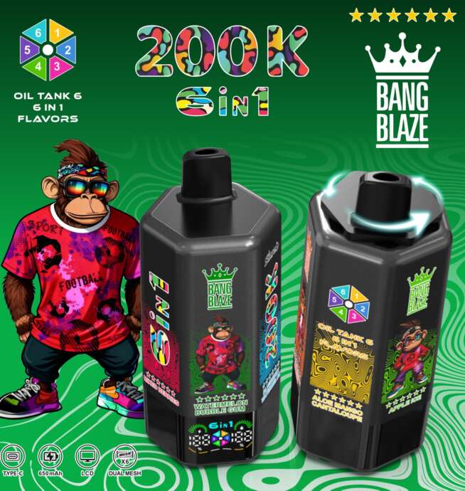 Bang Blaze 200000 200K Puffs 6 in 1 Flavors & 6 oil tanks Rechargeable LCD  Display Disposable Vape