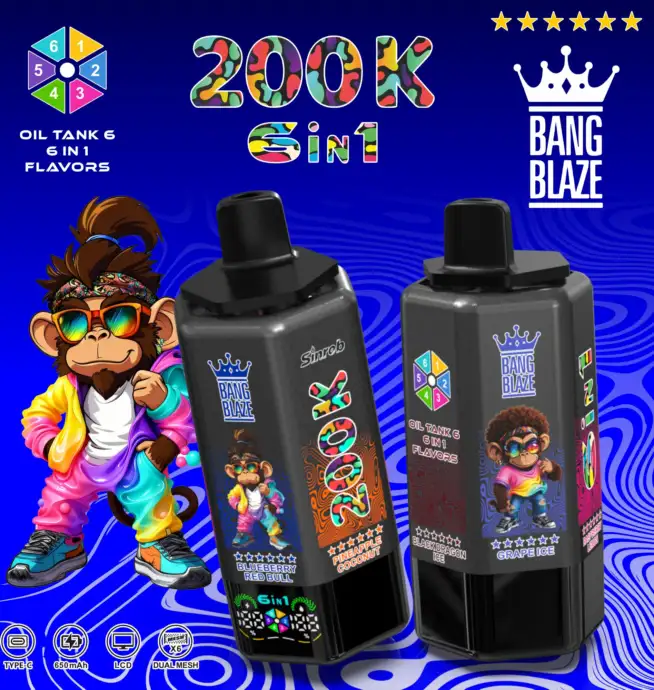 Bang Blaze 200000 200K Puffs 6 in 1 Flavors & 6 oil tanks Rechargeable LCD  Display Disposable Vape - 24H VAPE