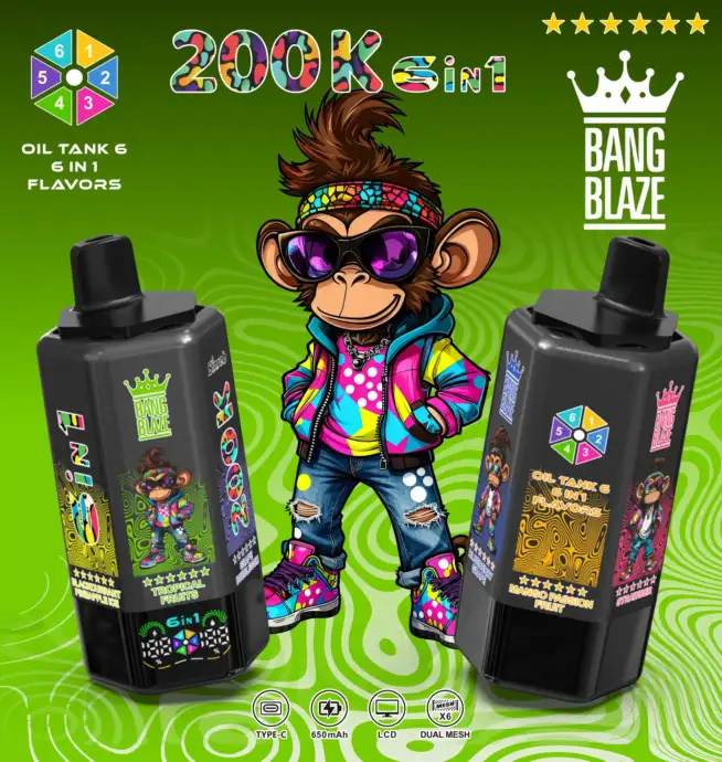 Bang Blaze 200000 200K Puffs 6 in 1 Flavors & 6 oil tanks Rechargeable LCD  Display Disposable Vape