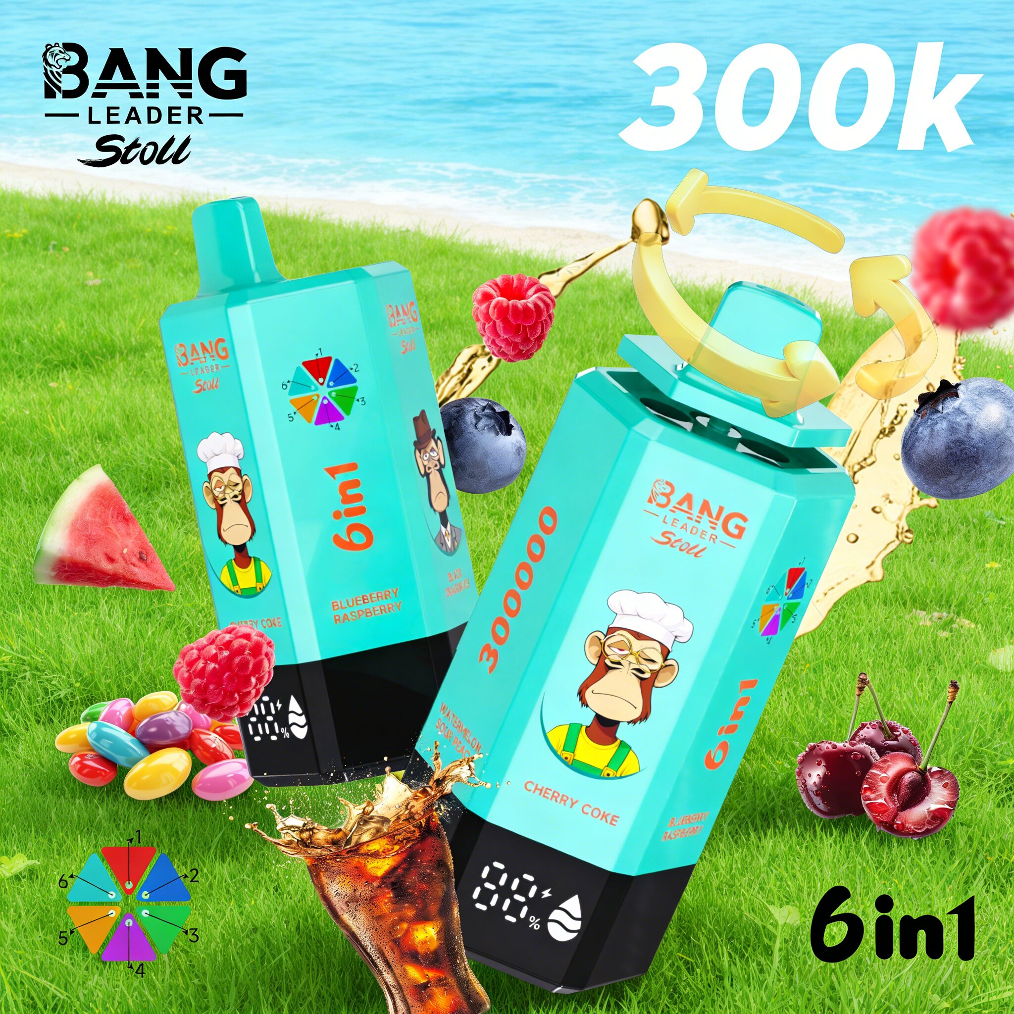 bang leader 300k 300000 puffs 6 in 1 flavors & 6 oil tanks rechargeable lcd display disposable vape eu warehouse