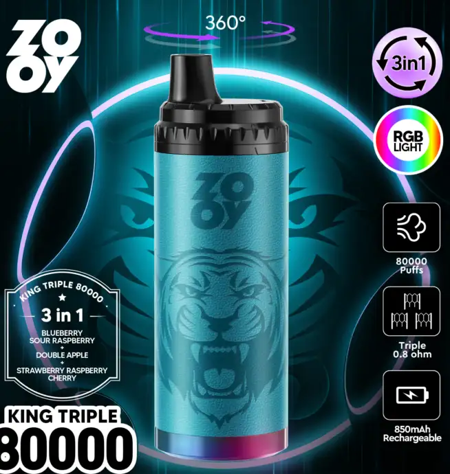 ZOOY King Triple 80000 80K Puffs 3 in 1 Flavors Original Rechargeable RGB  Light Disposable Vape