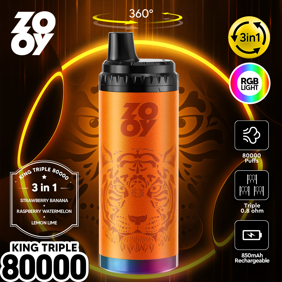 zooy king triple 80000 80k puffs 3 in 1 flavors original rechargeable rgb light disposable vape
