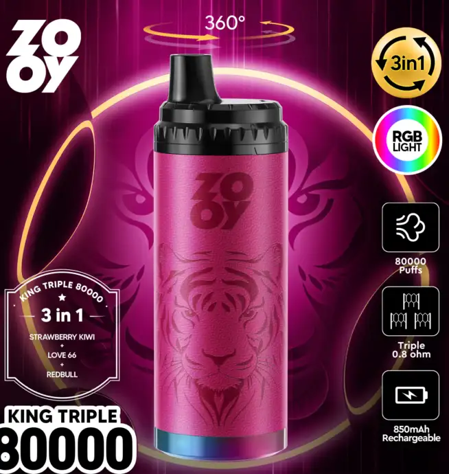 ZOOY King Triple 80000 80K Puffs 3 en 1 Saveurs Original Rechargeable RGB Light Vape jetable - 24H VAPE ZOOY King Triple 80000 80K Puffs 3 en 1 Saveurs Original Rechargeable RGB Light Vape jetable - 24H VAPE