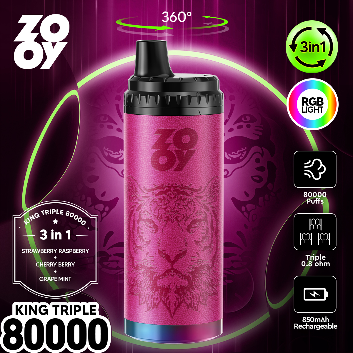 zooy king triple 80000 80k puffs 3 in 1 flavors original rechargeable rgb light disposable vape