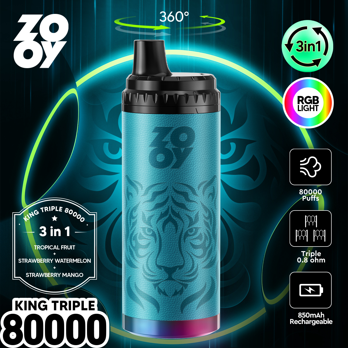 zooy king triple 80000 80k puffs 3 in 1 flavors original rechargeable rgb light disposable vape
