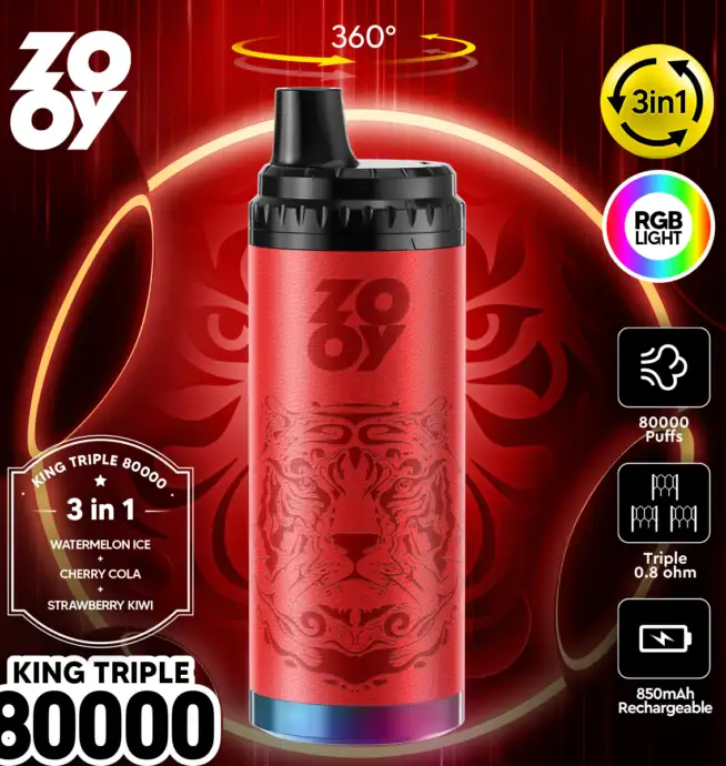 ZOOY King Triple 80000 80K Puffs 3 en 1 Saveurs Original Rechargeable RGB  Light Vape jetable - 24H VAPE