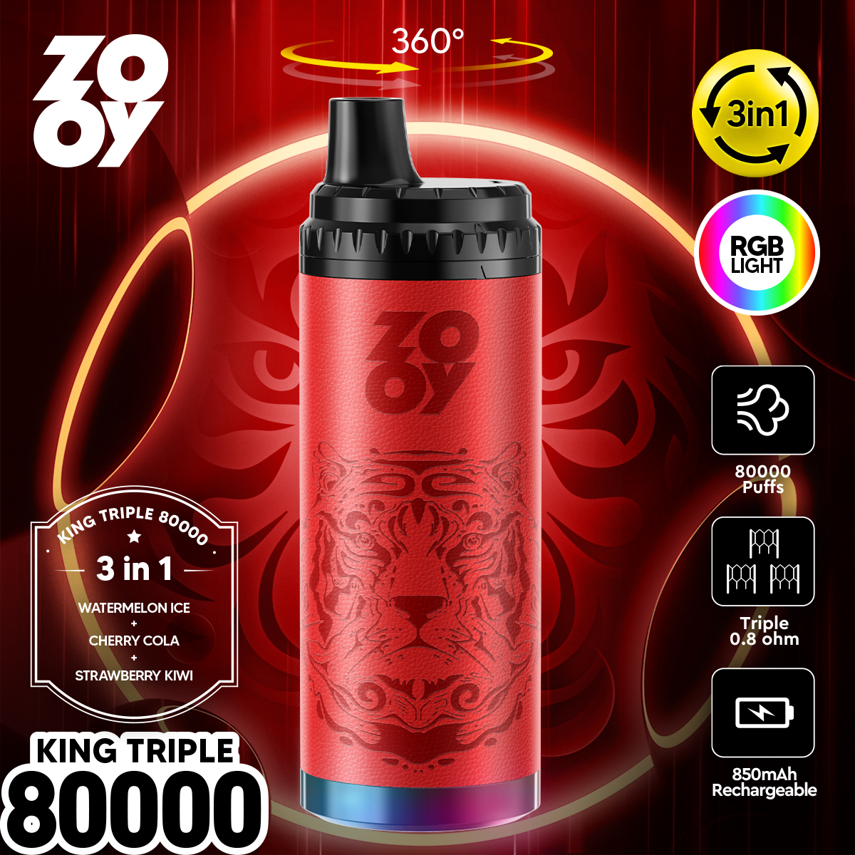 zooy king triple 80000 80k puffs 3 in 1 flavors original rechargeable rgb light disposable vape