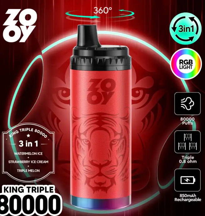 ZOOY King Triple 80000 80K Puffs 3 in 1 Flavors Original Rechargeable RGB  Light Disposable Vape