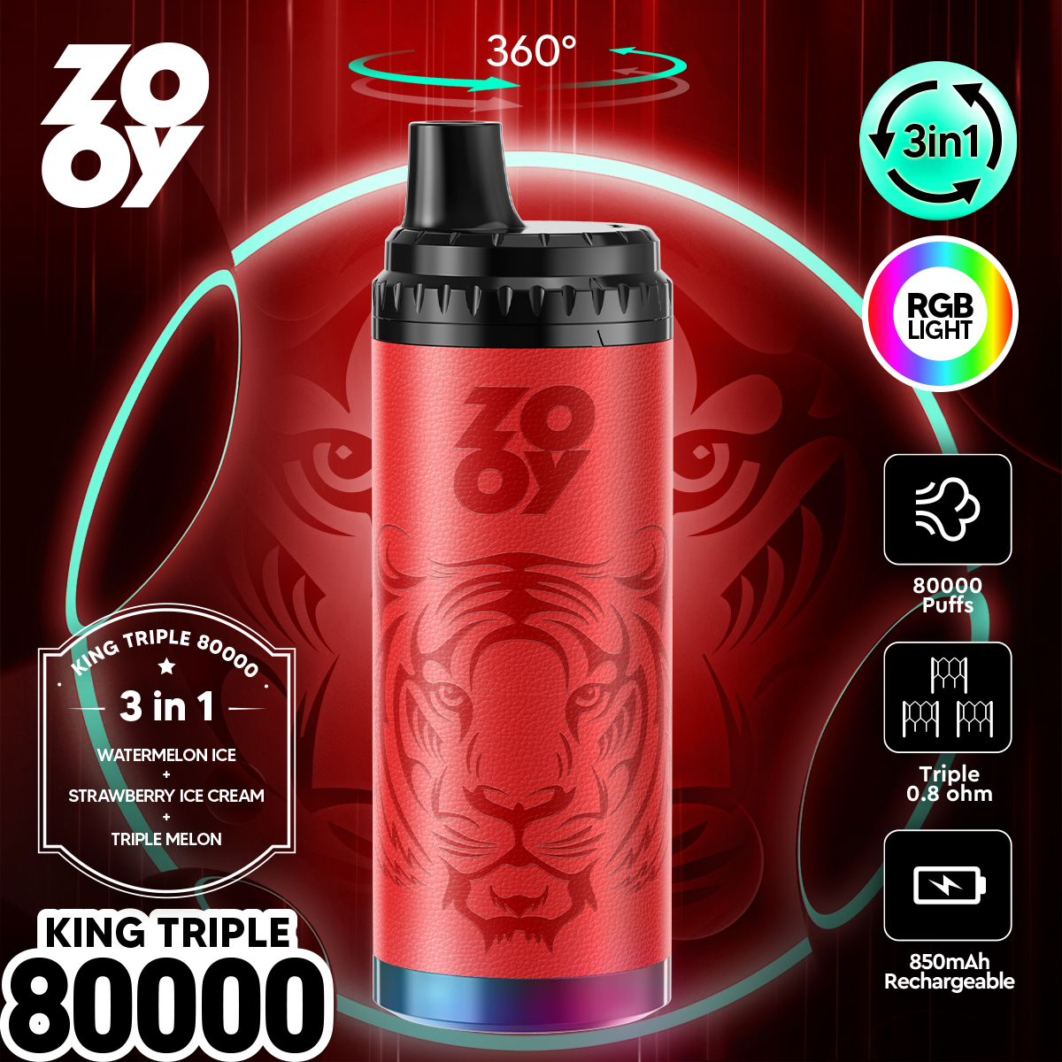 zooy king triple 80000 80k puffs 3 in 1 flavors original rechargeable rgb light disposable vape