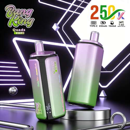 Bang King Quads 4 in 1 vape kit; two gradient purple devices on a neon geometric backdrop; Type-C, 650mAh, 15mlx4, 1.0Ω mesh coils.