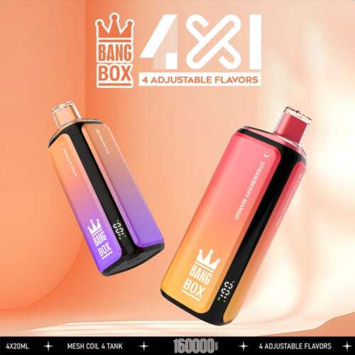 Twee kleurrijke vape-apparaten met een verloop van oranje naar paars en roze naar oranje, met het opschrift Bang Box, zwevend tegen een perzikkleurige achtergrond met de tekst “4 verstelbare smaken”.