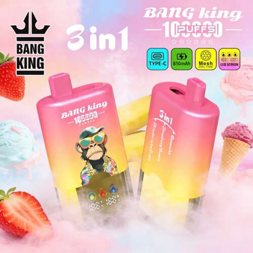 Bright pink gradient vape devices with "BANG KING" branding, 3in1, tropical colors, ice cream and strawberry background.