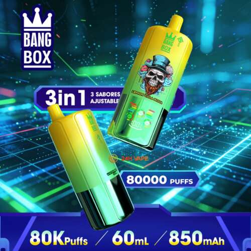 Fond néon brillant avec deux flacons de vape jaune-vert, l'un incliné, avec un graphique de crâne et le texte de la marque “ Bang Box ” ; met en évidence les saveurs réglables 3 en 1, 80 000 bouffées, 60 ml, 850 mAh.