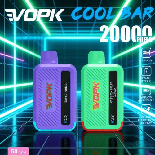 Two colorful vape devices, purple raspberry and green passion fruit guava, stand side by side in a neon techno backdrop with “VOPK” branding and 2000 puffs text.