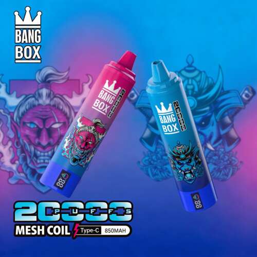 Two colorful vape pens labeled Bang Box with illustrated demon and ninja designs against a neon blue-pink background, showing “20,000 Mesh Coil Type-C 850mAh” text.