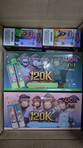 Colorful vape box packaging featuring gorilla characters and a large "120K" logo; includes images of a vaping device and fruit-flavored labels.