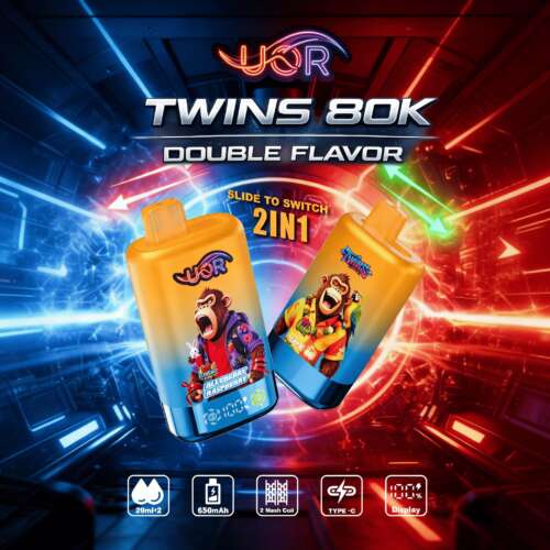 Due flaconi da vaporizzatore arancioni con etichette colorate a tema scimmia, su uno sfondo al neon ad alta energia con la scritta “TWINS 80K DOUBLE FLAVOR” e “2IN1” con “Scorri per cambiare”.”