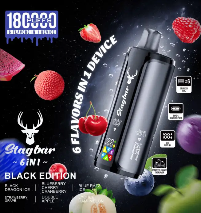 Stag Bar 6in1 180000 180K Puffs Newest Original Rechargeable LED Display Disposable Vape EU Warehouse - 24H VAPE Stag Bar 6in1 180000 180K Puffs Newest Original Rechargeable LED Display Disposable Vape EU Warehouse - 24H VAPE