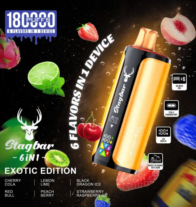 Stag Bar 6in1 180000 180K Puffs Newest Original Rechargeable LED Display  Disposable Vape EU Warehouse