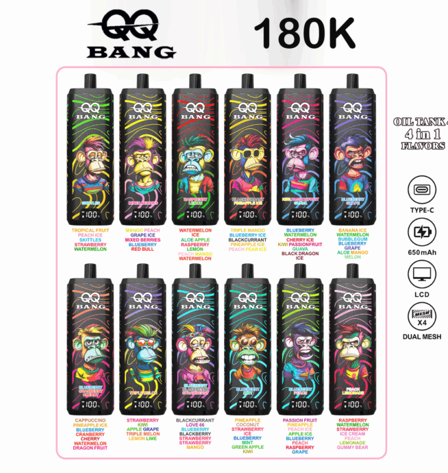 QQ Bang 180000 180K Puffs 4 In 1 Flavors LCD Display Rechargeable  Disposable Vape
