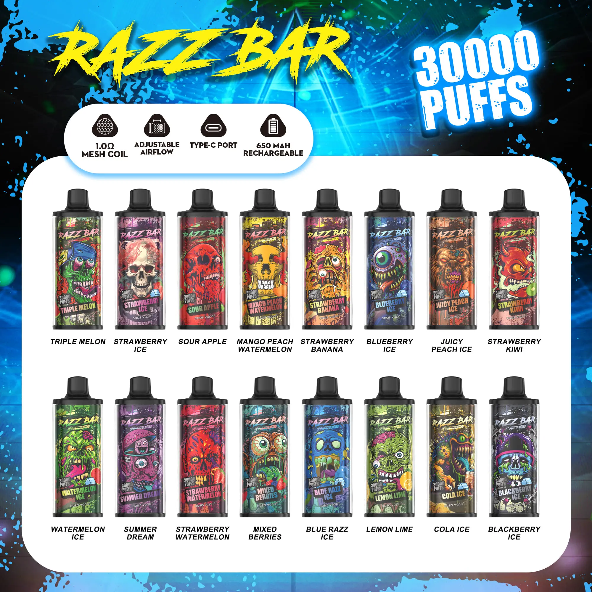 Razz Bar 30000 30K Puffs Disposable Vape | Long Lasting Rechargeable Vape  with Adjustable Airflow