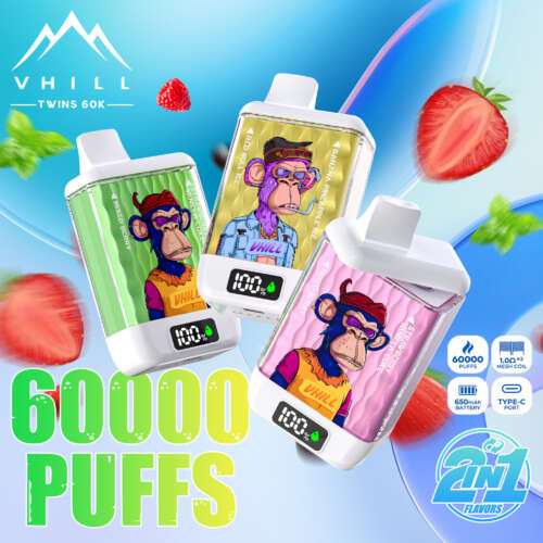 Three colorful disposable vape devices with monkey illustrations, set against a bright blue background with strawberries and leaves; bold “60000 PUFFS” text and 2-in-1 flavors logo.