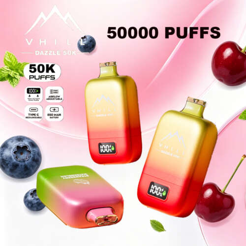 VHILL DAZZLE 50000 Vape features adjustable airflow, 1.0Ω mesh coil, LED power display, USB Type-C charging, and up to 50,000 puffs for rich flavor, smooth vapor, and long-lasting rechargeable performance.