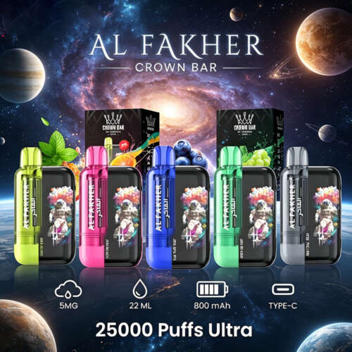 A colorful display of Al Fakher Crown Bar e-cigarettes in various shades, featuring packaging and text highlighting key specifications