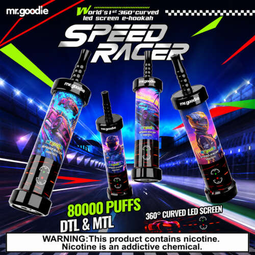 Three e-hookahs are displayed, featuring vibrant designs with racing themes and LED screens, titled "Speed Racer