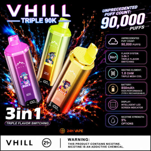 VHILL Triple 90K Disposable Vape delivers up to 90,000 puffs with an innovative 3-in-1 flavor switching system, triple mesh coil technology, 850mAh rechargeable battery, intelligent LED display, and smooth 5% nicotine satisfaction for long-lasting vaping performance