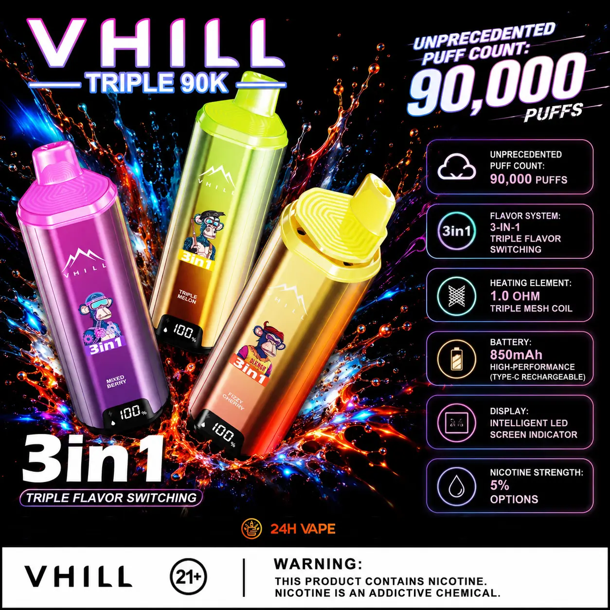 1.99 disposable vapes free shipping no minimum order VHILL Triple 90K 90000 Puffs 3 in 1 Flavors&LED Screen Original Rechargeable Vape EU Warehouse Vuse Pod – Berry EjuiceDemand Nicotine:50mg