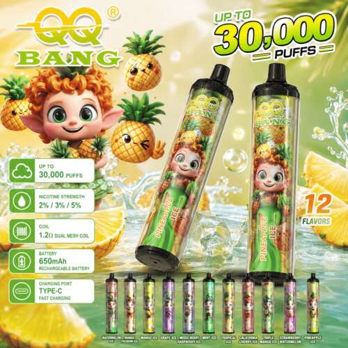 Two vape devices branded "QQ BANG" with a pineapple ice flavor, surrounded by pineapple characters and splashing water, showing twelve flavor options below